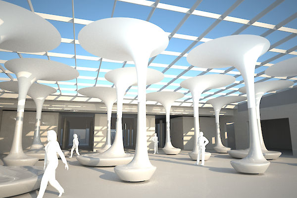 Multifunktionale Leuchtbäume für die neue Eingangshalle des Technischen Museums Wien - gestaltet von querkraft