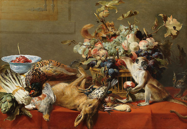 Frans Snyders (1579–1657) Stillleben mit Früchten, Wild und Gemüse sowie ein lebender Affe, ein Eichhörnchen und eine Katze