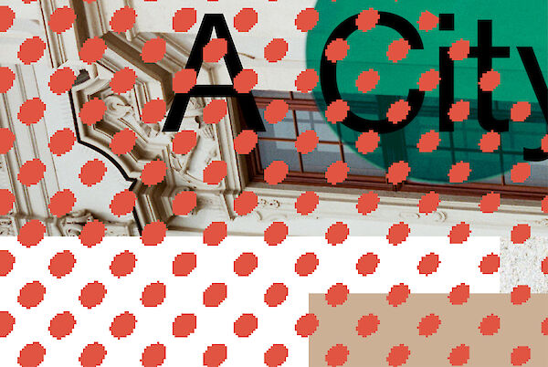 Graphic with red dots, font elements and parts of an old viennese building